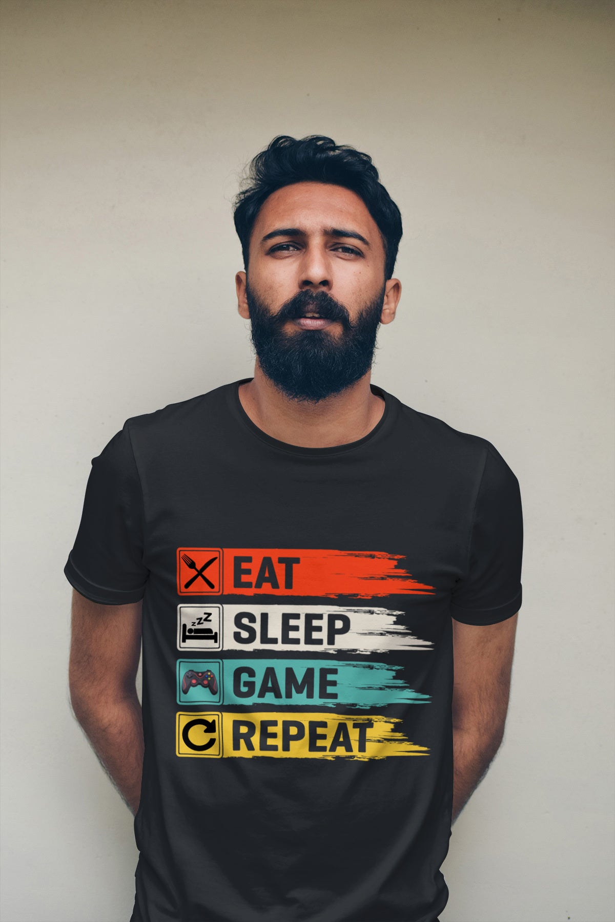 Eat Sleep Game Repeat T-Shirt | Funny Gamer Graphic Tee | Video Game Player Shirt | Gaming Lifestyle & Streamer Merch