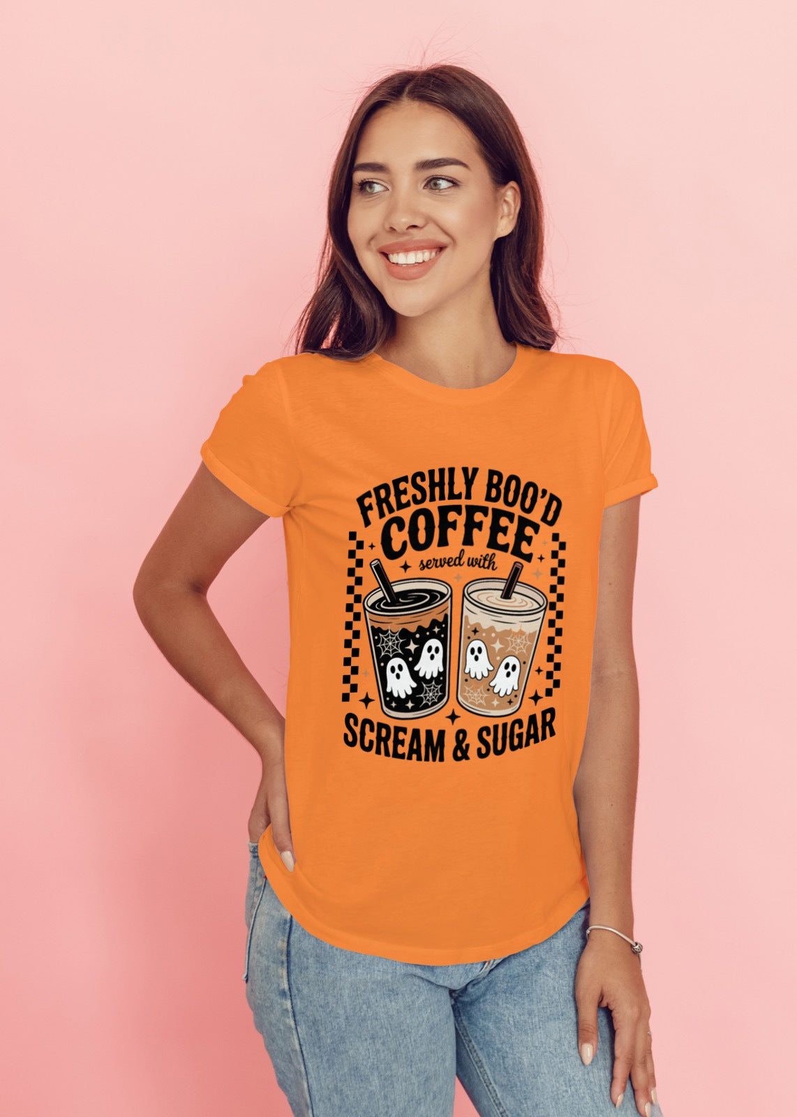 Freshly Boo’d Coffee Halloween T-Shirt | Cute Googly Eyed Iced Coffee Cups Tee | Funny Scream and Sugar Spooky Season Shirt