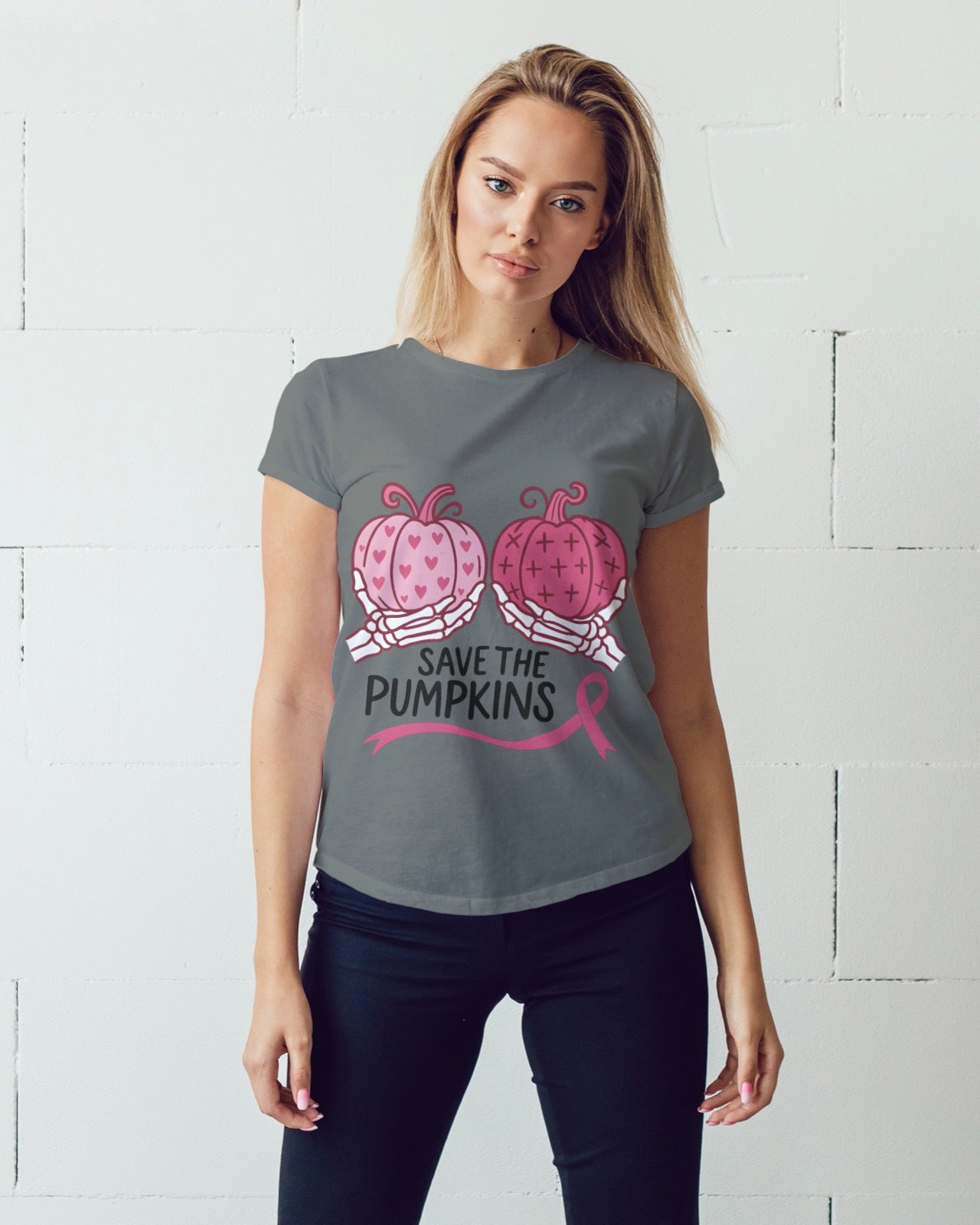 Save the Pumpkins Breast Cancer Awareness T-Shirt | Skeleton Hands Patchwork Pumpkin Tee | Funny Pink Ribbon October Support Shirt