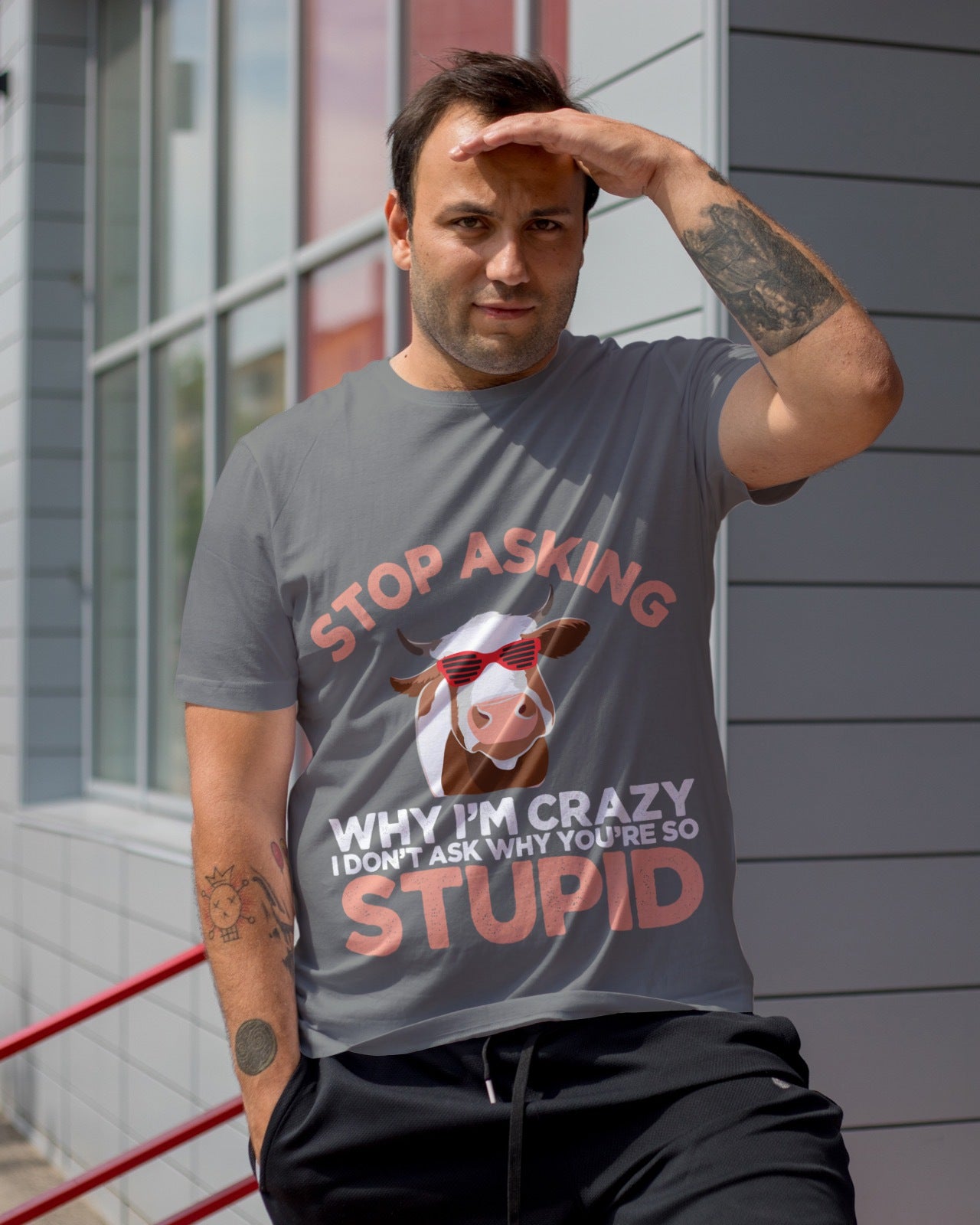 Cool Cow Sarcastic T-Shirt | Stop Asking Why I’m Crazy Tee | Funny Cow Quote Shirt | Farm Animal Humor & Snarky Graphic Top