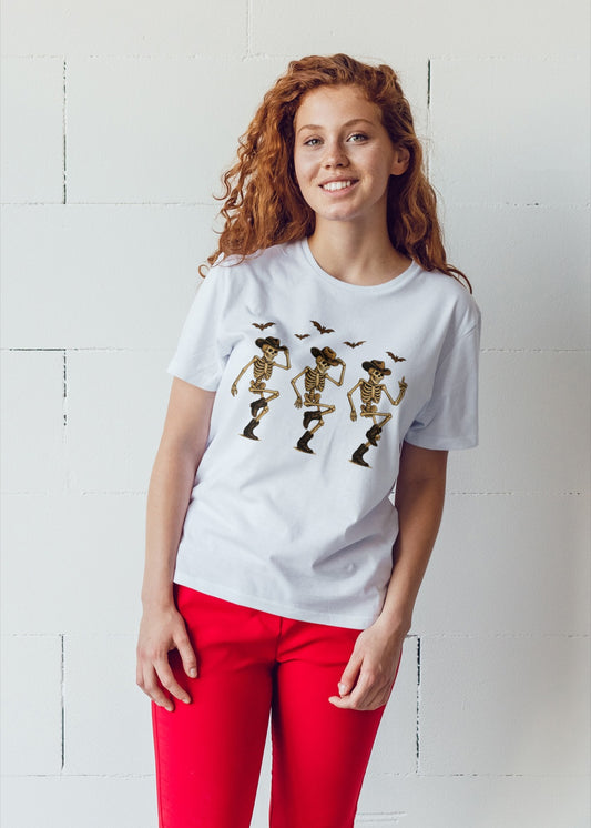 Line Dancing Skeleton Cowboys Halloween T-Shirt | Funny Western Spooky Season Tee | Cowboy Skeleton Country Dance Shirt | Fall Festival Top