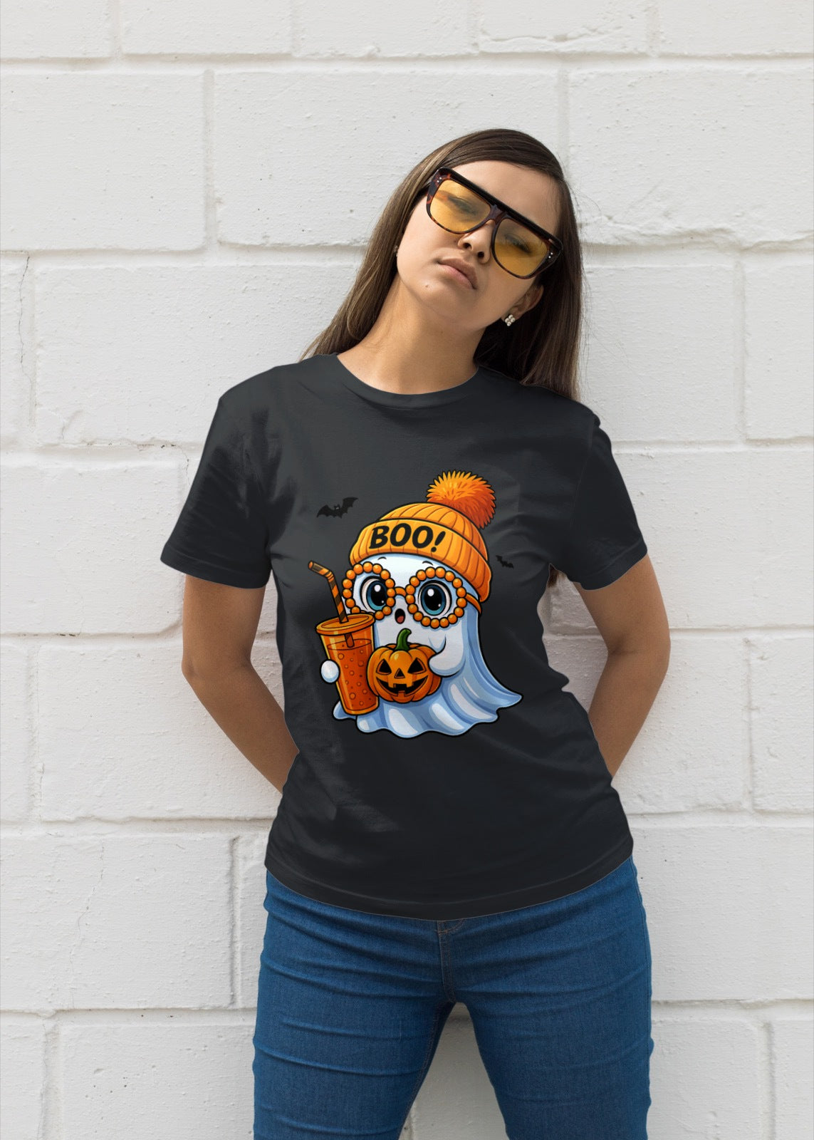 Cute Ghost with Iced Coffee Halloween T-Shirt | Fall Beanie & Glasses Ghost Tee | Funny Spooky Season Coffee Lover Shirt