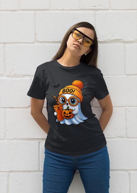 Cute Ghost with Iced Coffee Halloween T-Shirt | Fall Beanie & Glasses Ghost Tee | Funny Spooky Season Coffee Lover Shirt