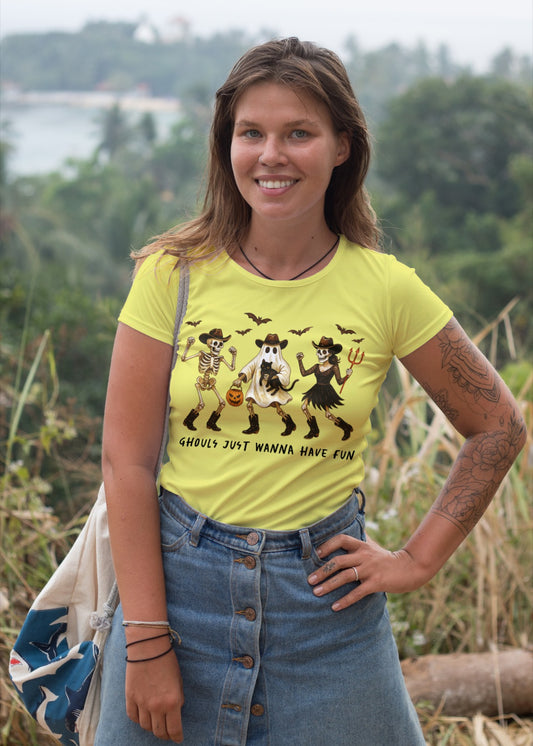 Ghouls Just Wanna Have Fun Halloween T-Shirt | Dancing Skeleton Girls Tee | Funny Spooky Season Party Shirt | Retro Halloween Top