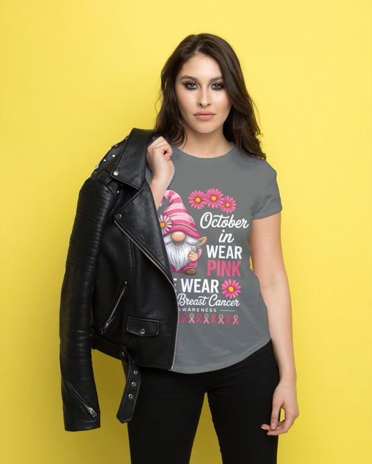 Pink Gnome Breast Cancer Awareness T-Shirt | In October We Wear Pink Gnome Tee | Cute Pink Ribbon Shirt | October Awareness Gift