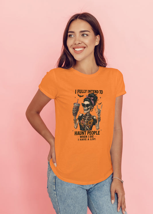Skeleton Haunting List Halloween T-Shirt | Funny Ghostly Iced Coffee Tee | Spooky Season Sass Shirt | Skeleton with Sunglasses & Headscarf Top