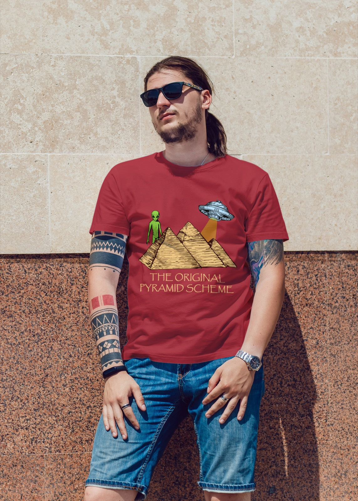 The Original Pyramid Scheme Alien T-Shirt | Funny UFO at the Pyramids Tee | Ancient Alien Conspiracy Theory Shirt | Sci-Fi Humor Graphic Top