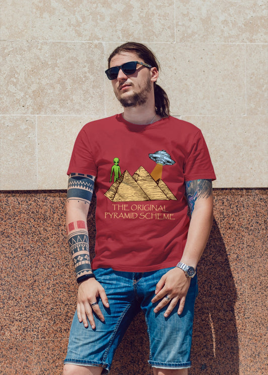 The Original Pyramid Scheme Alien T-Shirt | Funny UFO at the Pyramids Tee | Ancient Alien Conspiracy Theory Shirt | Sci-Fi Humor Graphic Top