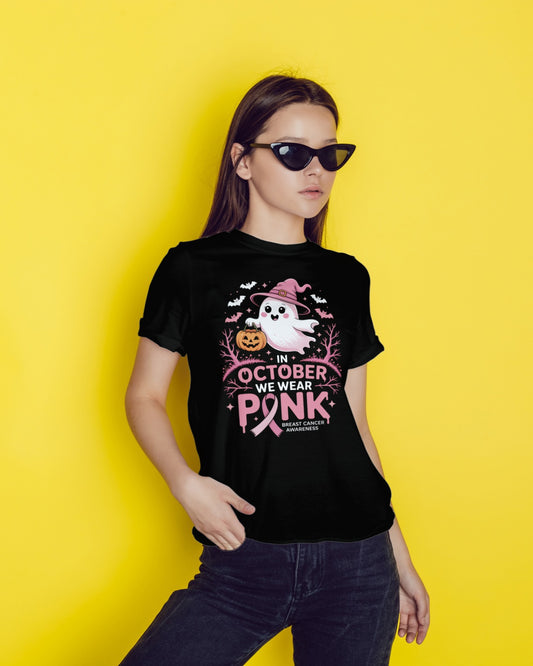 Pink Ghost Breast Cancer Awareness T-Shirt | In October We Wear Pink Tee | Cute Spooky Pink Ribbon Shirt | October Support Gift