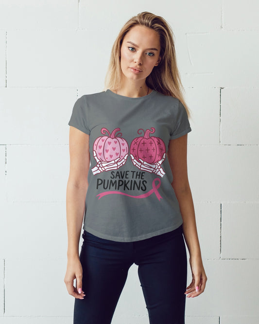 Save the Pumpkins Breast Cancer Awareness T-Shirt | Skeleton Hands Patchwork Pumpkin Tee | Funny Pink Ribbon October Support Shirt