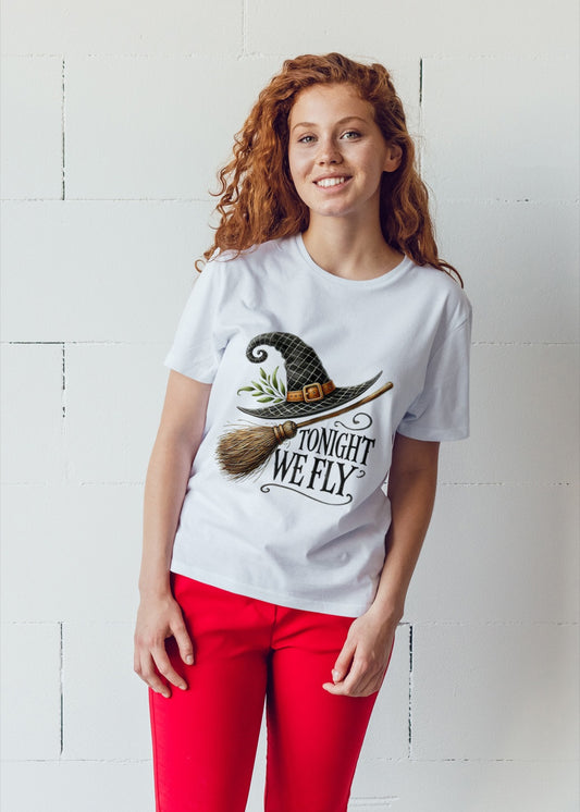 Tonight We Fly Halloween T-Shirt | Witch’s Broom & Hat Graphic Tee | Spooky Season Witches Night Out Shirt | Fall Festival & Party Top